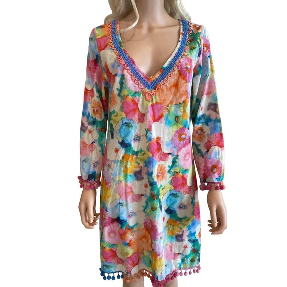 Sundance Dresses & Skirts - Sundance Long Sleeve Floral Pom Pom V Neck Dress Swim Coverup Medium Cotton